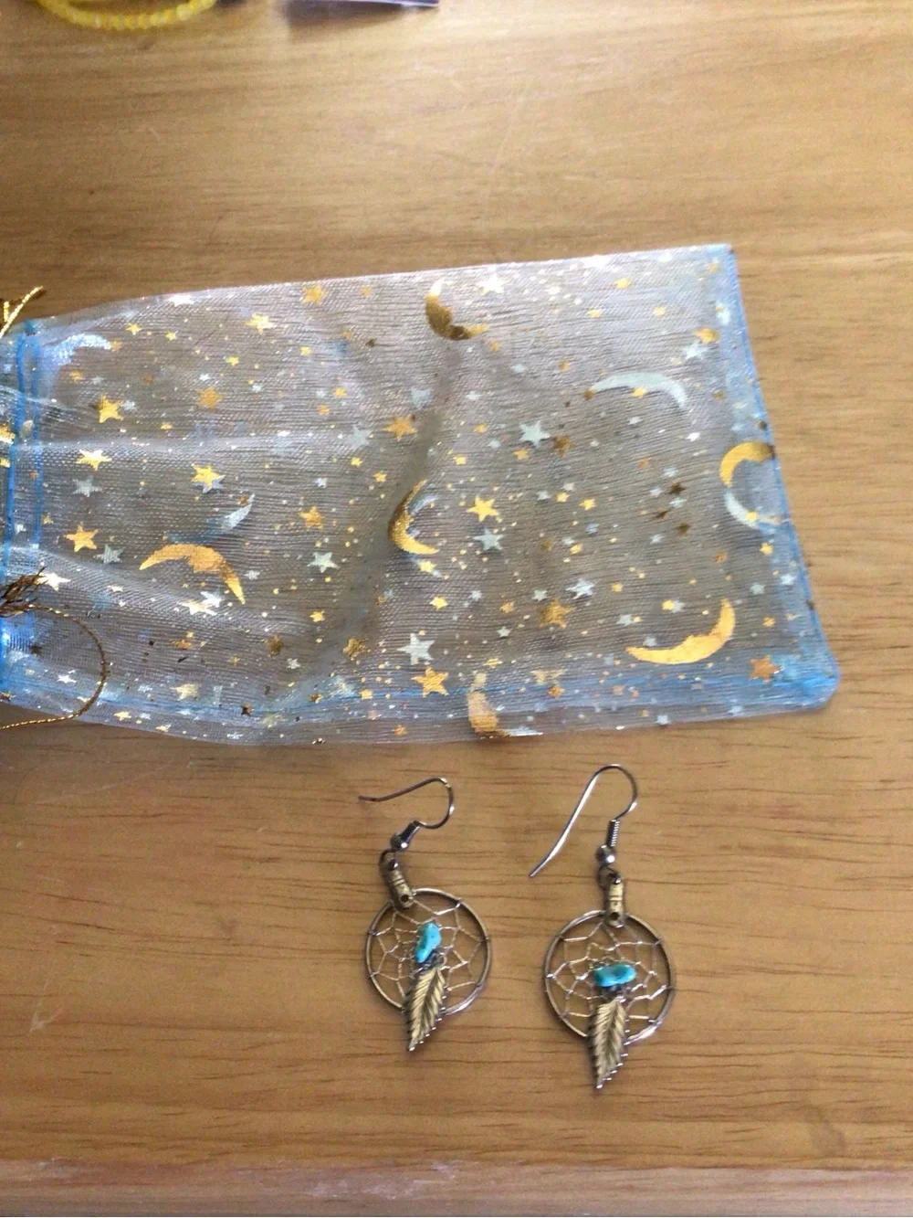 Source Unknown Antique Silver Dreamcatcher Earrings with Turquoise Beads